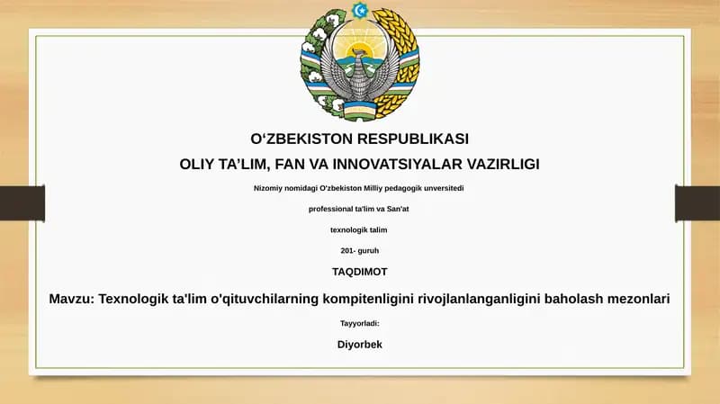 Texnologik ta'lim o'qituvchilarning kompetentligini baholash