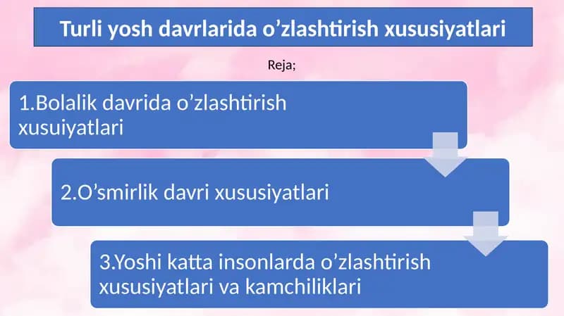 Turli yosh davrlarida o’zlashtirish xususiyatlari