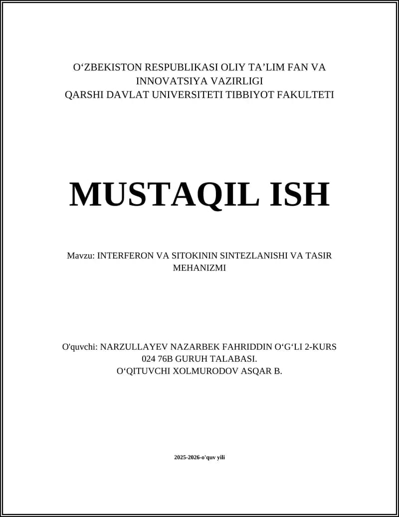 INTERFERON VA SITOKININ SINTEZLANISHI VA TASIR MEHANIZMI