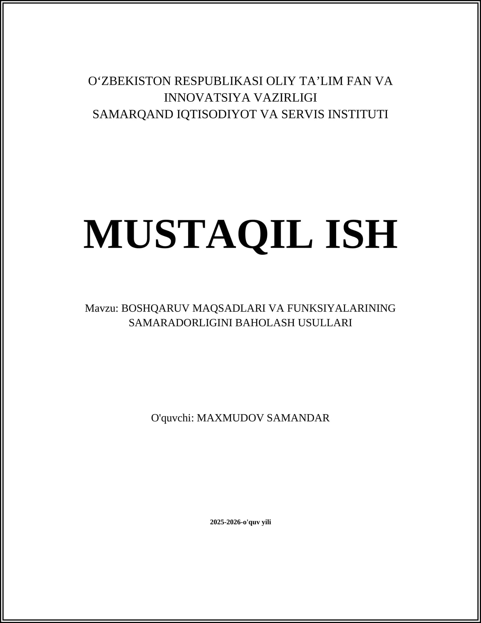 BOSHQARUV MAQSADLARI VA FUNKSIYALARINING SAMARADORLIGINI BAHOLASH USULLARI
