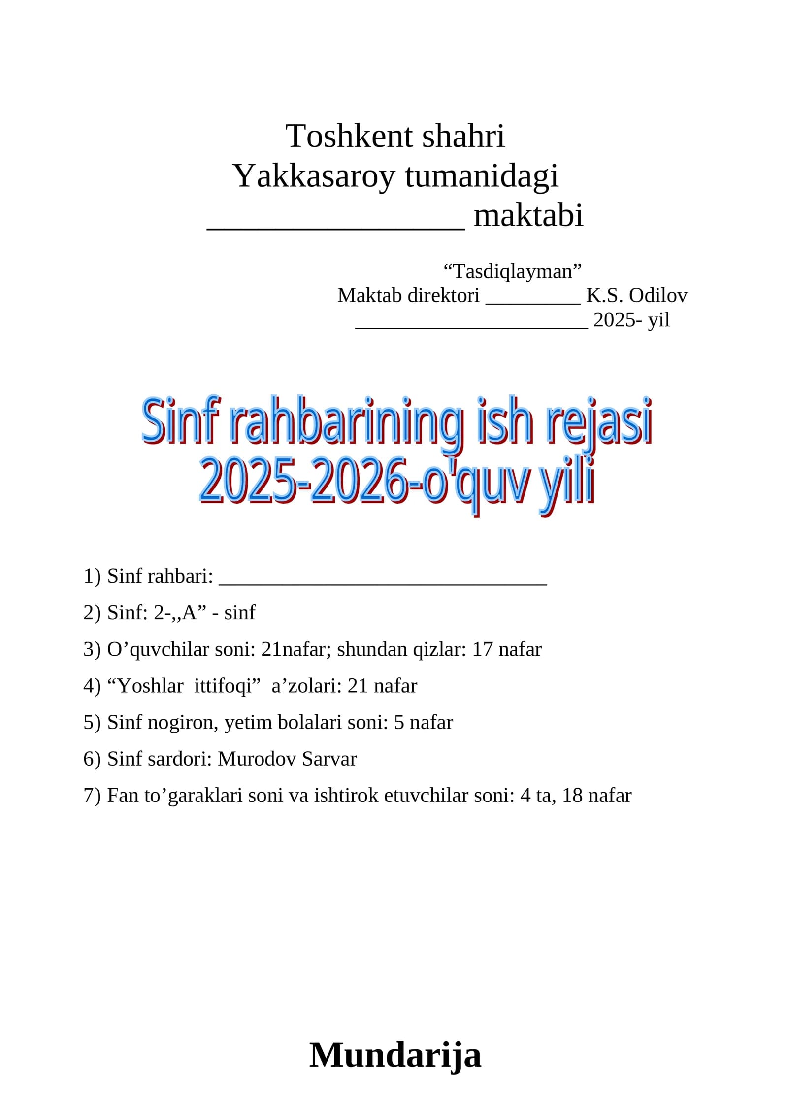 Sinf rahbari ish rejalari (NAMUNA)