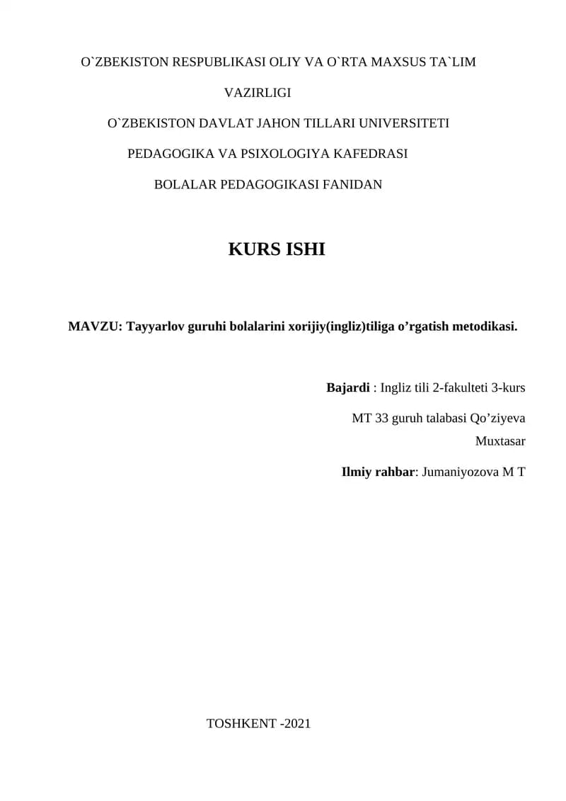 Tayyarlov guruhi bolalarini xorijiy(ingliz)tiliga o’rgatish metodikasi