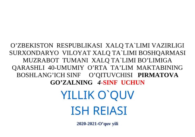 4-SINF UCHUN YILLIK O`QUV ISH REJASI