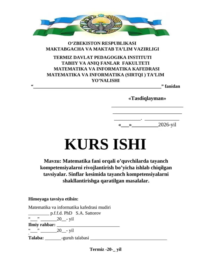 Matematika fani orqali o’quvchilarda tayanch kompetensiyalarni rivojlantirish bo’yicha ishlab chiqilgan tavsiyalar
