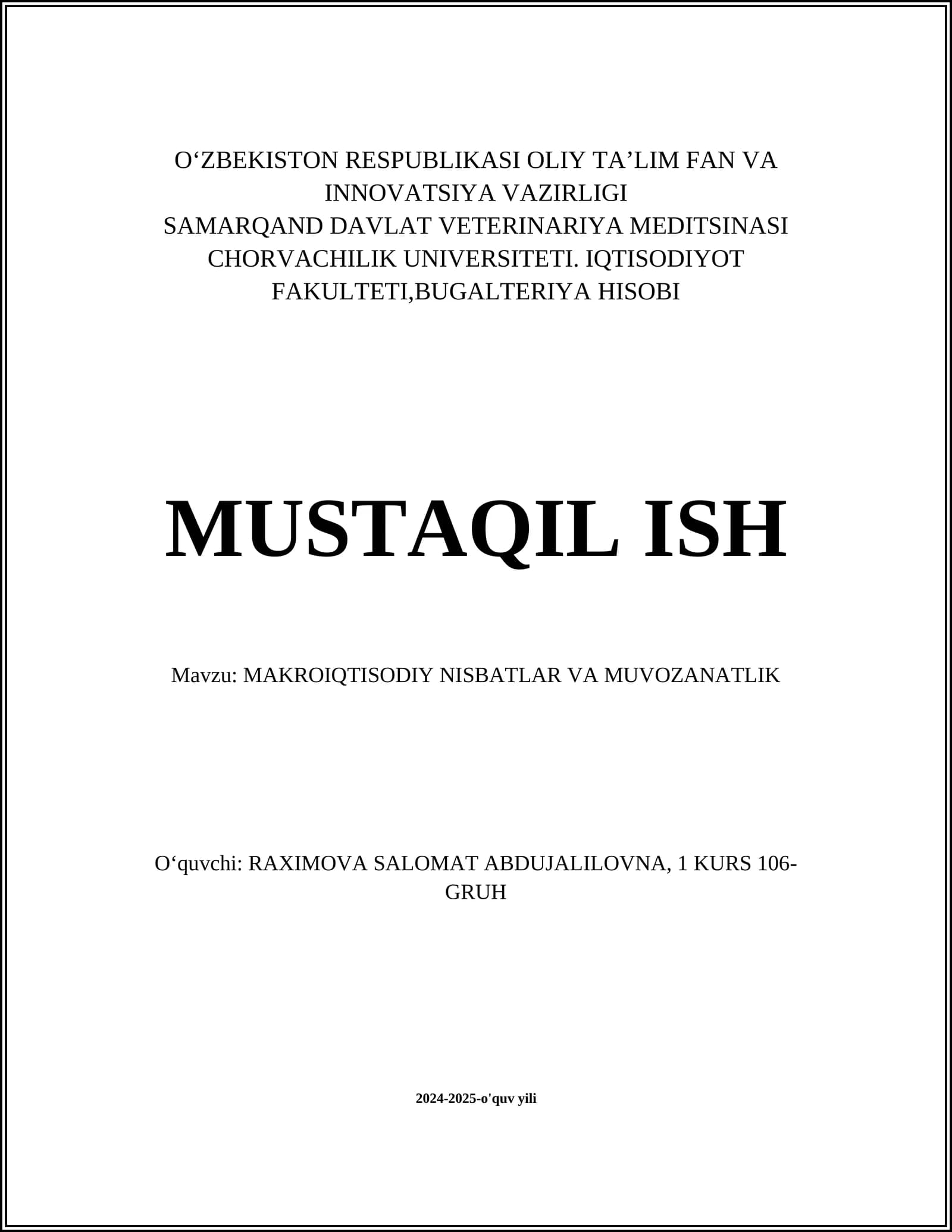 MAKROIQTISODIY NISBATLAR VA MUVOZANATLIK
