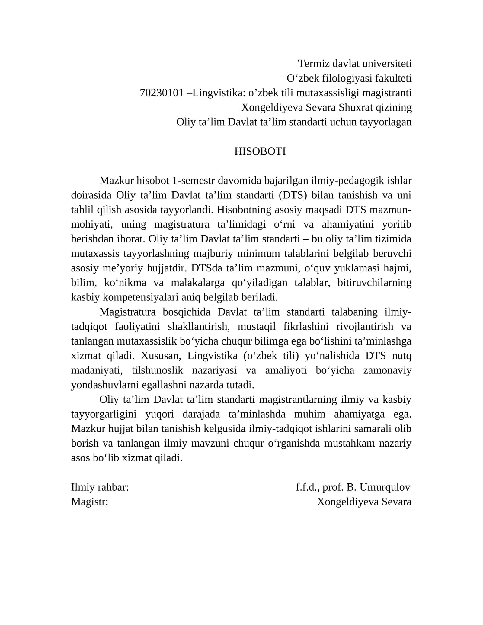 O'zbek tili mutaxassisligi magistrantining hisoboti