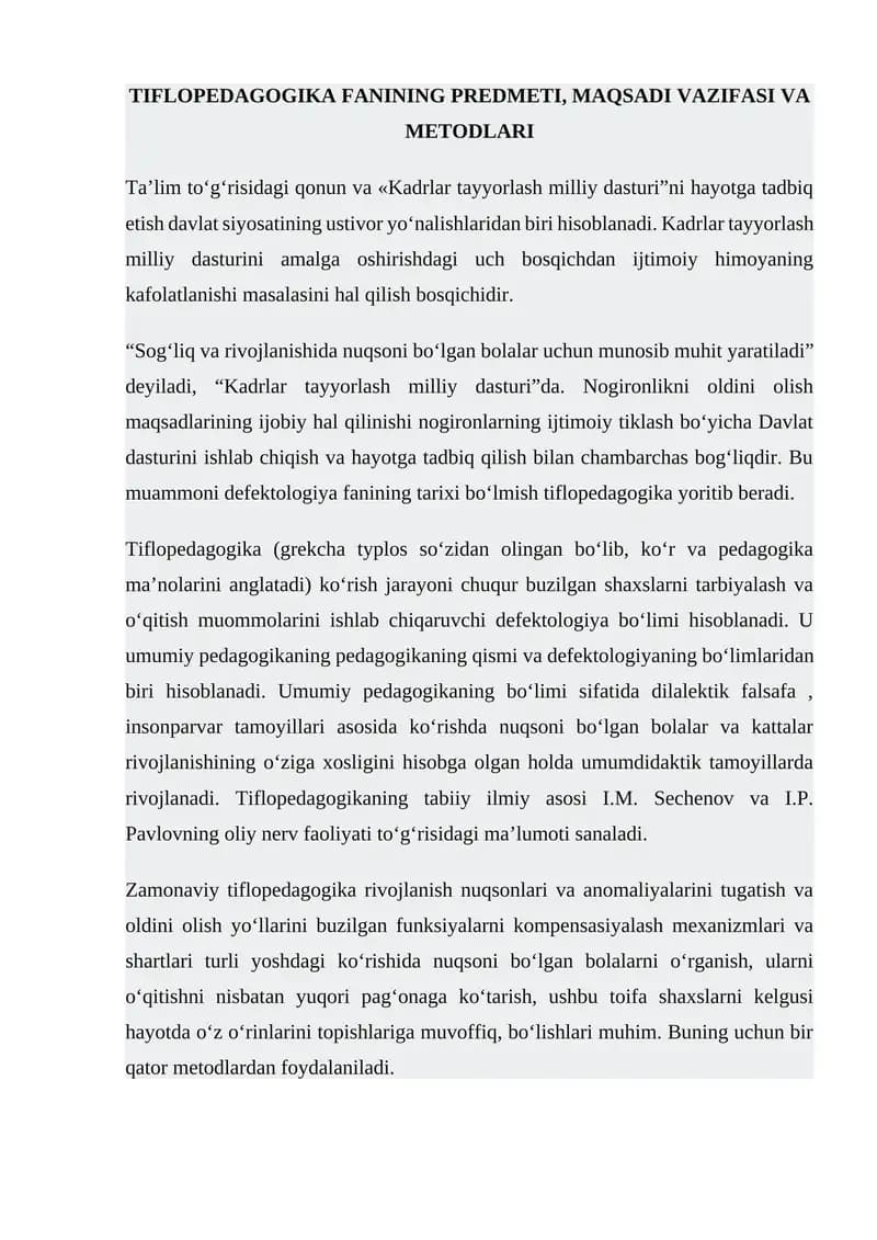 Tiflopedagogika Fanining Predmeti, Maqsadi va Vazifasi va Metodlari