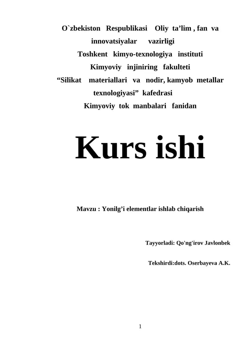 Yonilg’i elementlar ishlab chiqarish