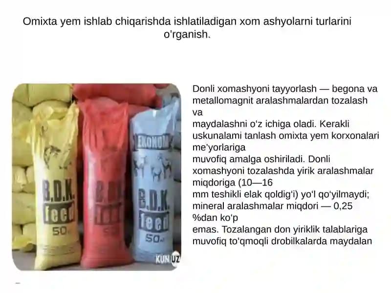 Omixta yеm ishlab chiqarishda ishlatiladigan xom ashyolarni turlarini o’rganish