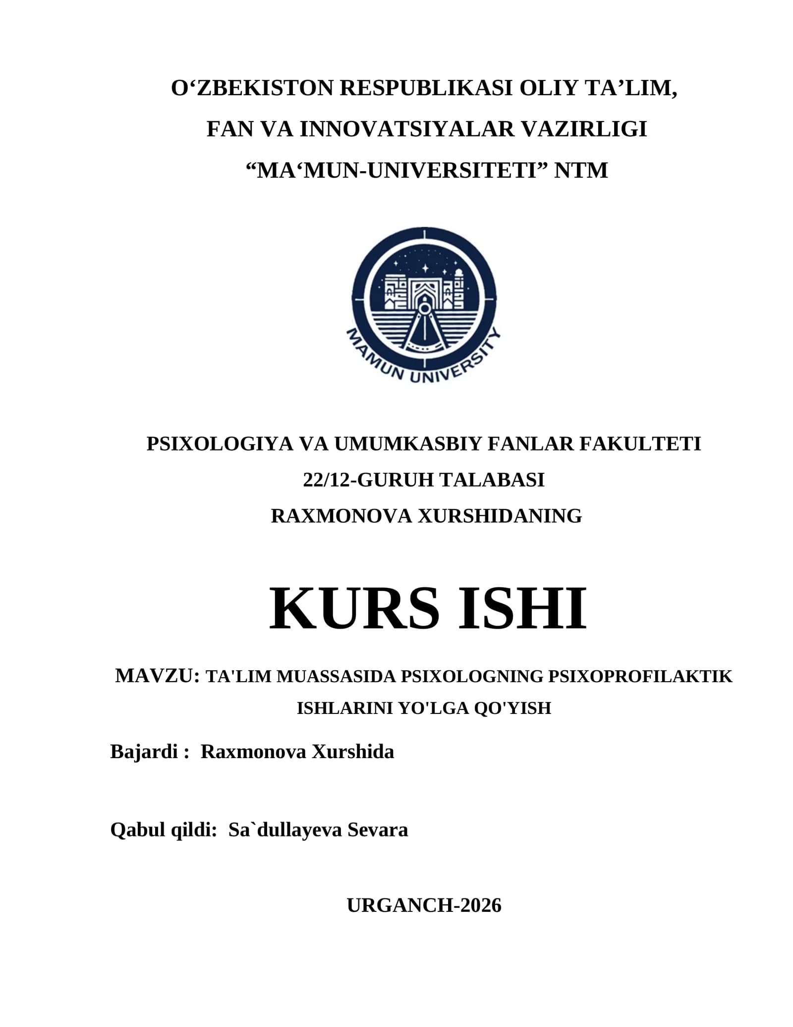 TA'LIM MUASSASIDA PSIXOLOGNING PSIXOPROFILAKTIK ISHLARINI YO'LGA QO'YISH