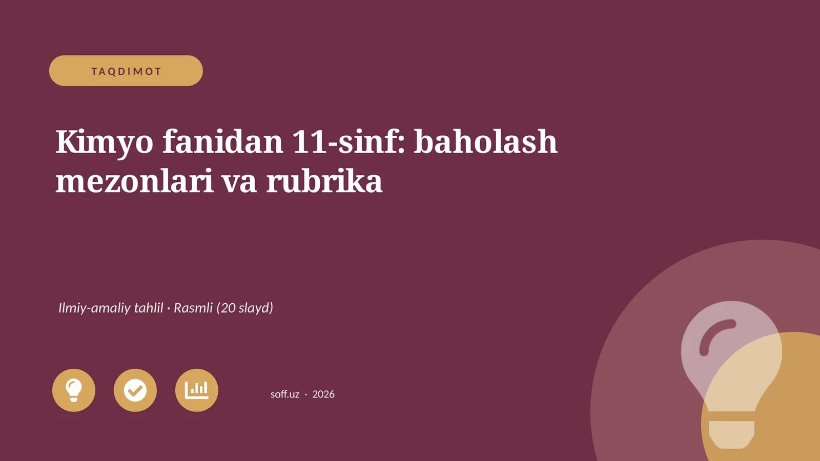 Kimyo fanidan 11-sinf: baholash mezonlari va rubrika