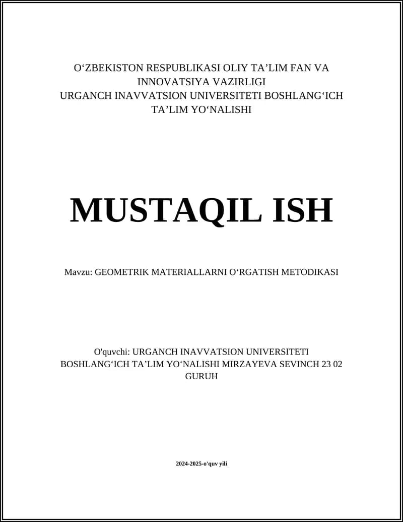 GEOMETRIK MATERIALLARNI OʻRGATISH METODIKASI
