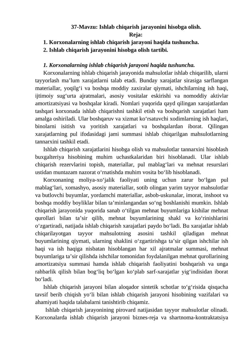 Ishlab chiqarish jarayonini hisobga olish
