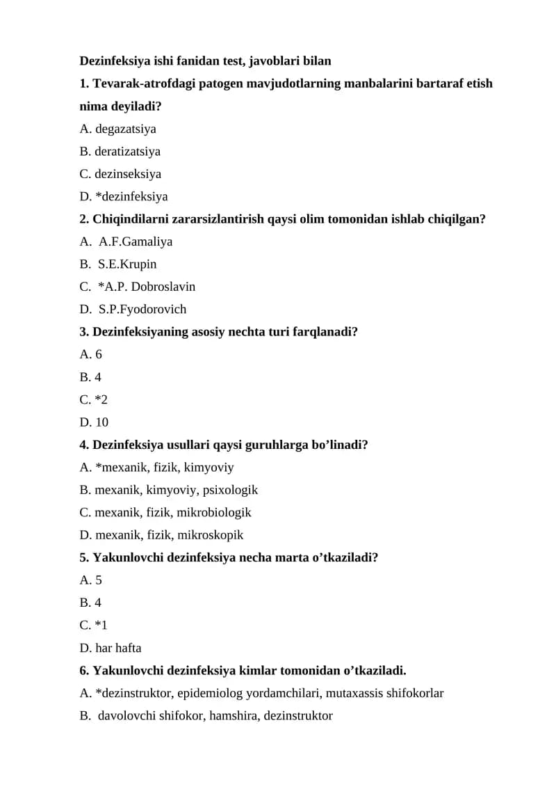 Dezinfeksiya ishi fanidan test, javoblari bilan