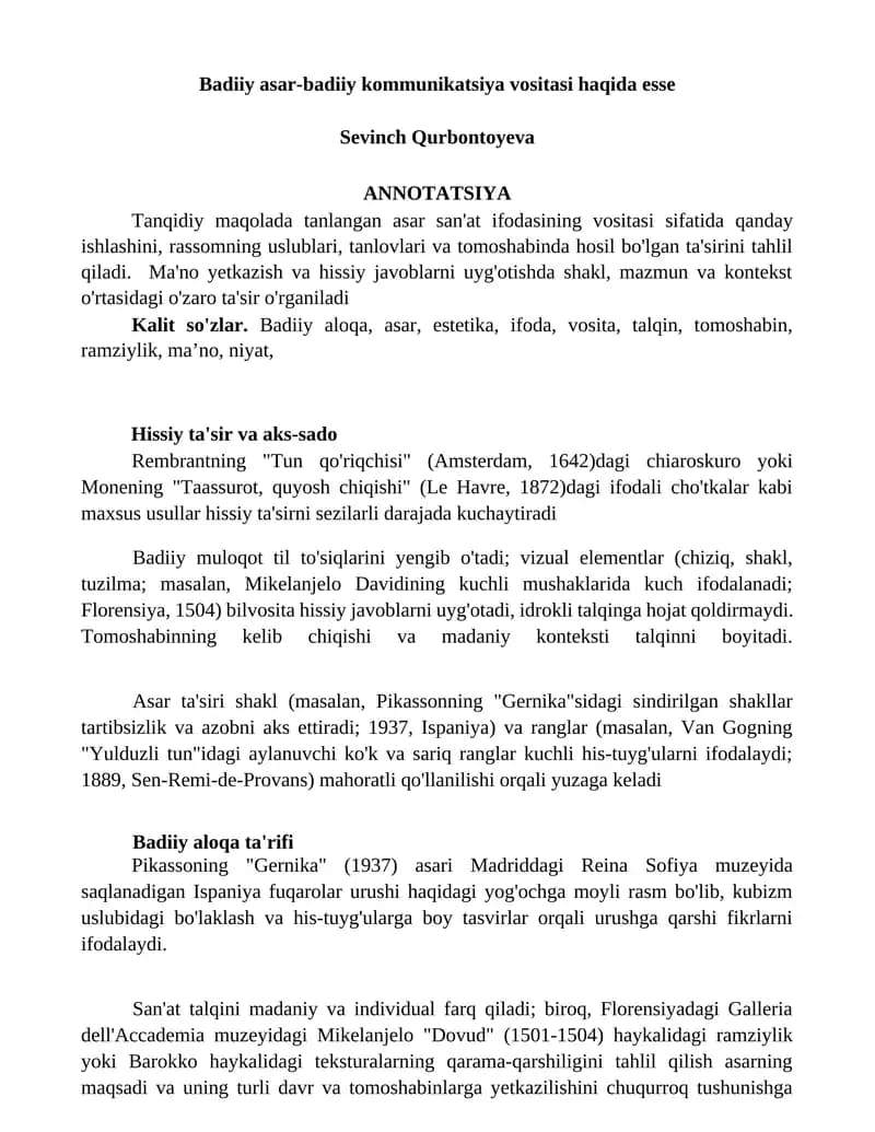 Badiiy asar-badiiy kommunikatsiya vositasi haqida esse