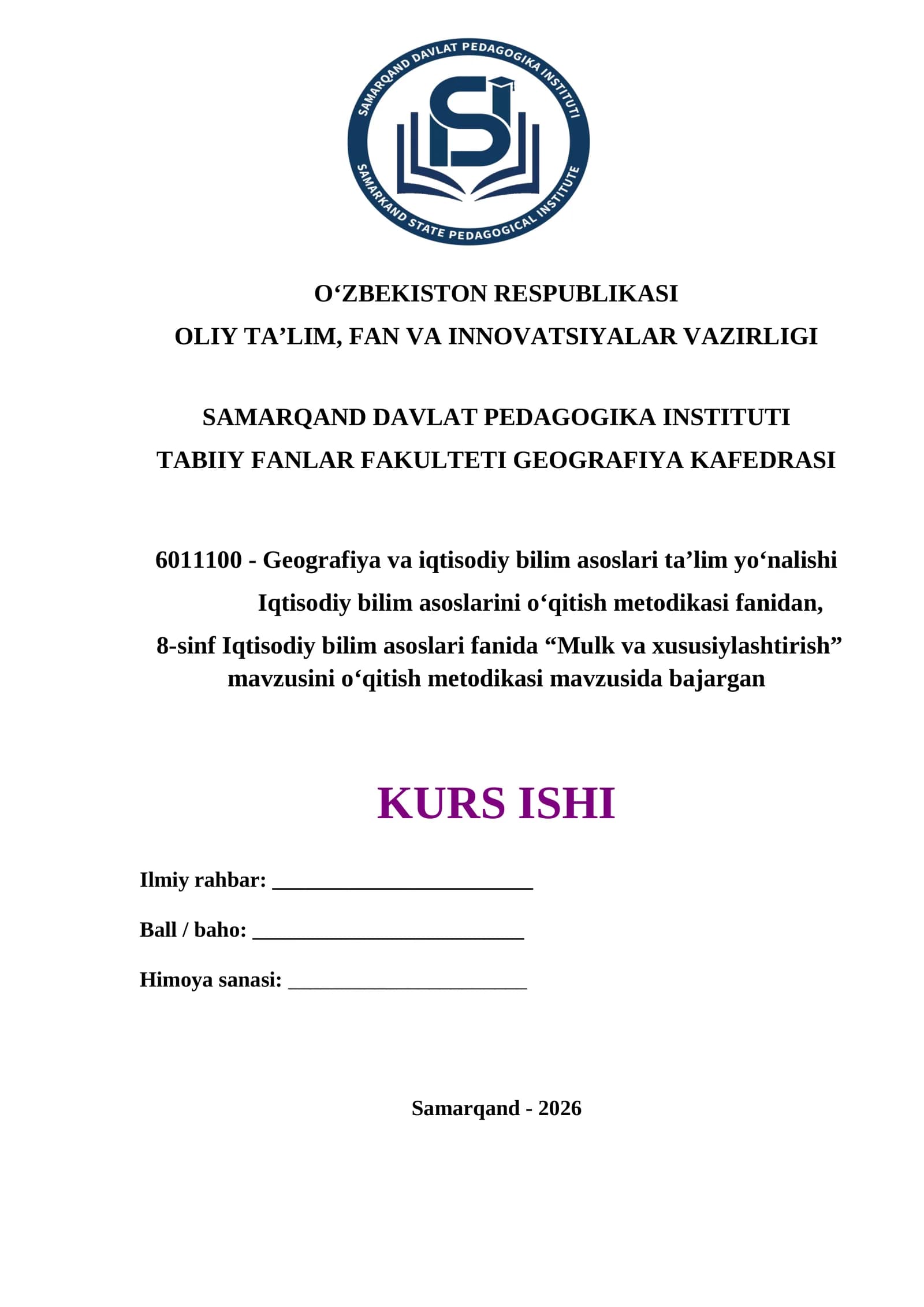 8-sinf Iqtisodiy bilim asoslari fanida “Mulk va xususiylashtirish” mavzusini o‘qitish metodikasi