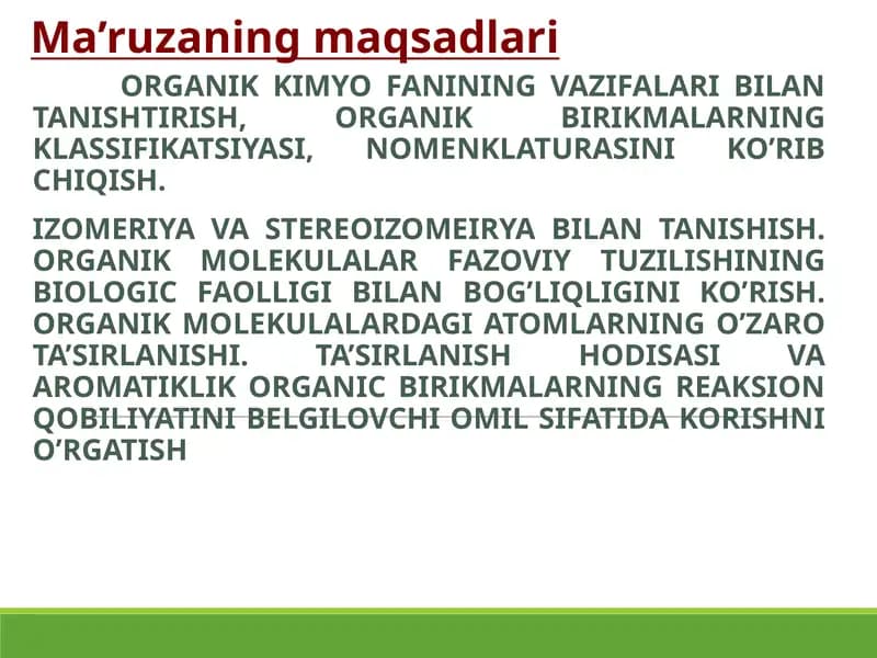 ORGANIK KIMYO FANINING VAZIFALARI
