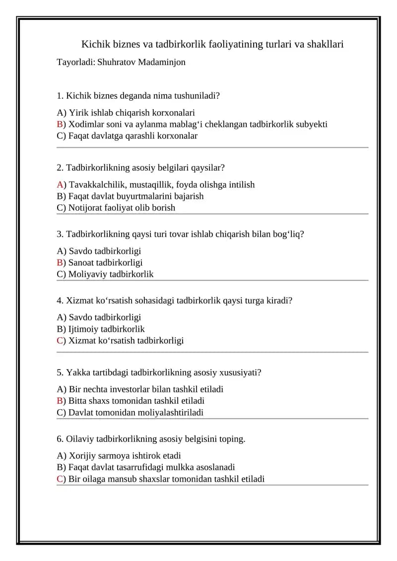 Kichik biznes va tadbirkorlik faoliyatining turlari va shakllari