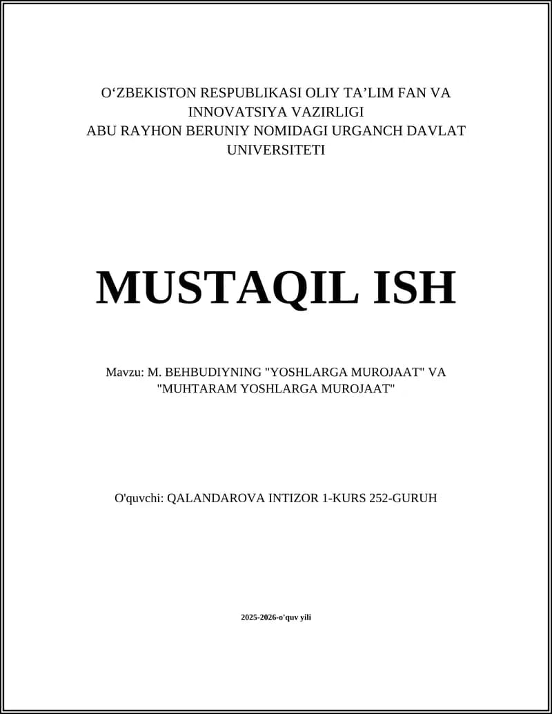 M. BEHBUDIYNING "YOSHLARGA MUROJAAT" VA "MUHTARAM YOSHLARGA MUROJAAT"
