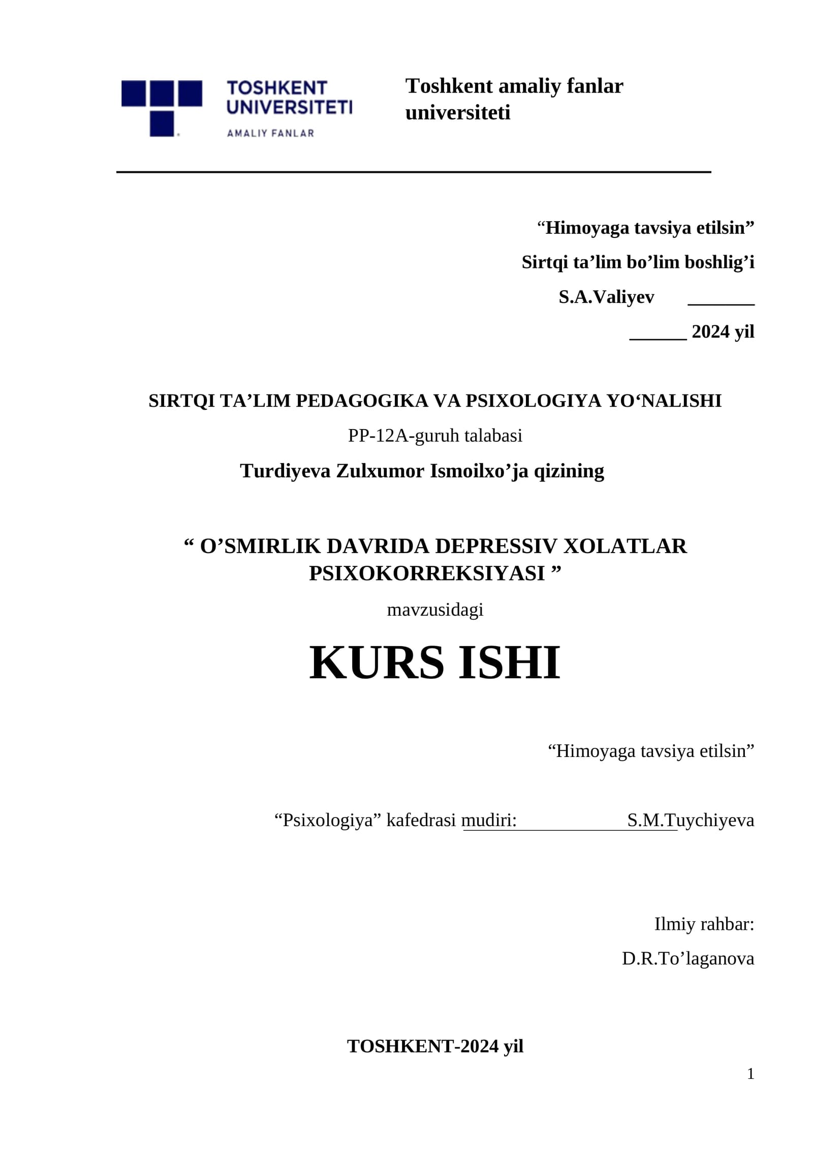 O’SMIRLIK DAVRIDA DEPRESSIV XOLATLAR PSIXOKORREKSIYASI