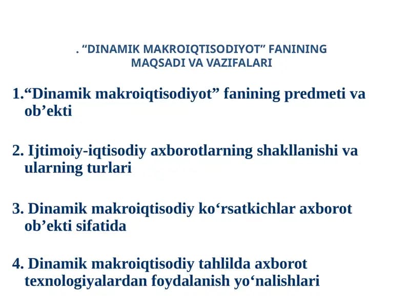 Dinamik Makroiqtisodiyot Fanining Maqsadi va Vazifalari