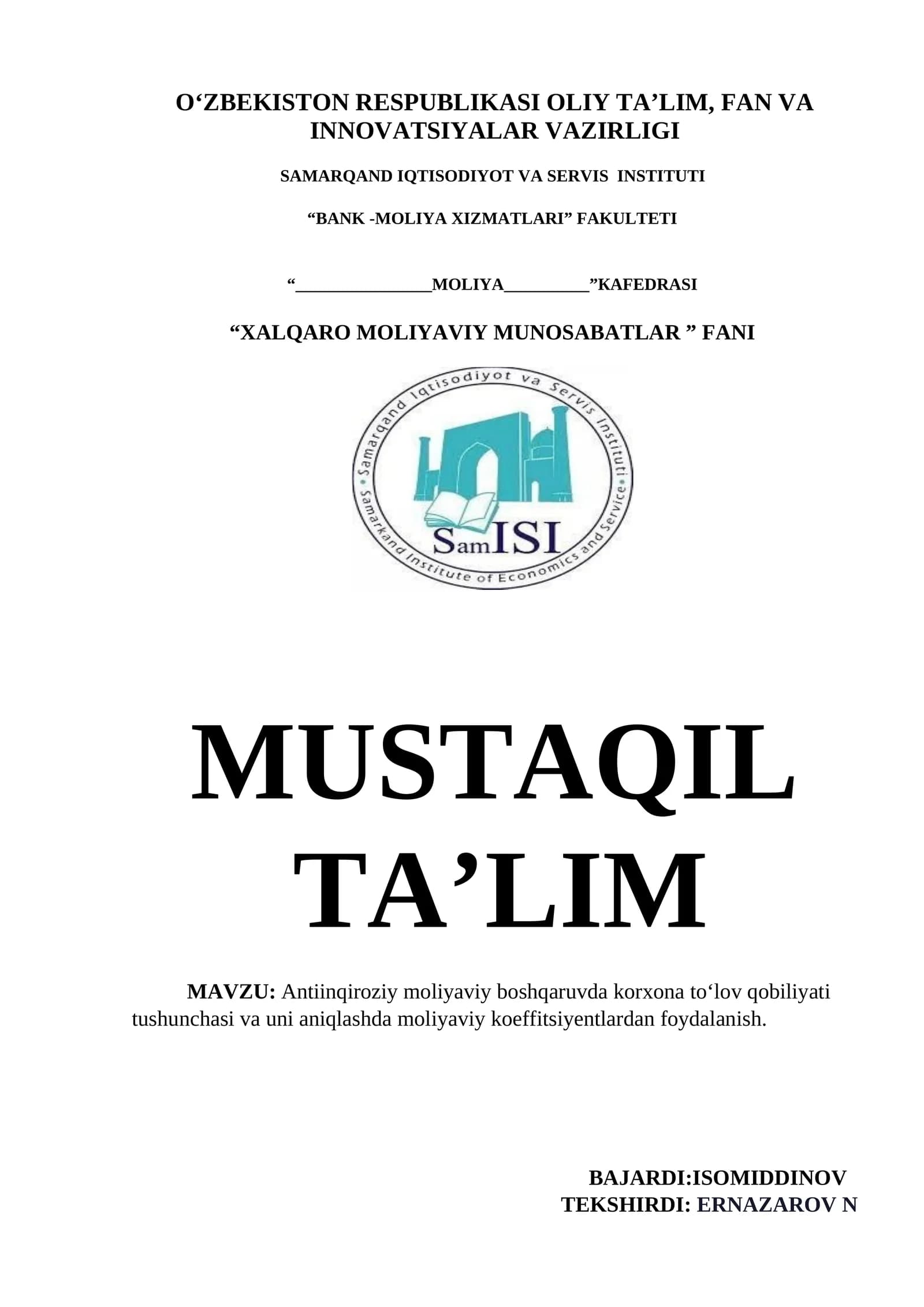 Antiinqiroziy moliyaviy boshqaruvda korxona to‘lov qobiliyati tushunchasi va uni aniqlashda moliyaviy koeffitsiyentlardan foydalanish
