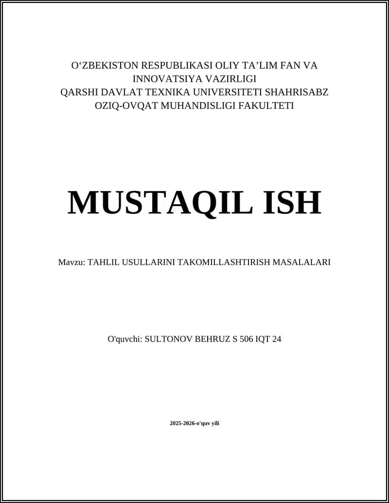 TAHLIL USULLARINI TAKOMILLASHTIRISH MASALALARI