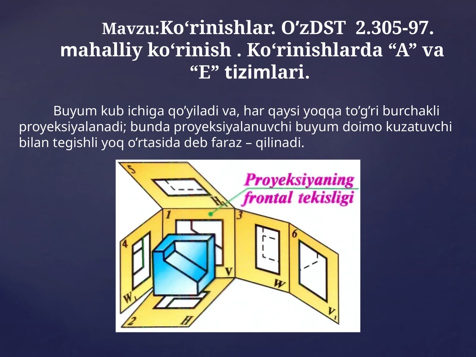 Ko‘rinishlar. O’zDST 2.305-97. Qo‘shimcha, mahalliy ko‘rinish . Ko‘rinishlarda “A” va “E