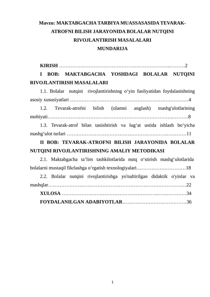 MAKTABGACHA TARBIYA MUASSASASIDA TEVARAK-ATROFNI BILISH JARAYONIDA BOLALAR NUTQINI RIVOJLANTIRISH MASALALARI