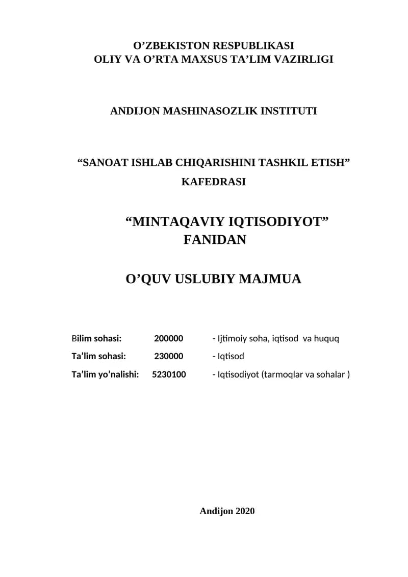 MINTAQAVIY IQTISODIYOT FANIDAN O’QUV USLUBIY MAJMUA
