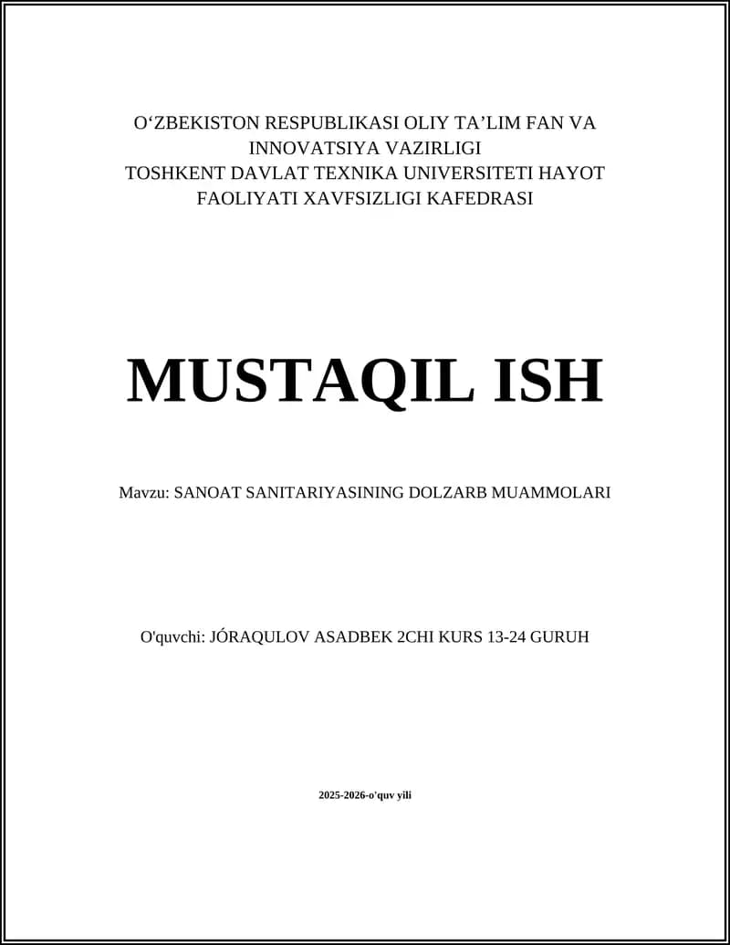 SANOAT SANITARIYASINING DOLZARB MUAMMOLARI