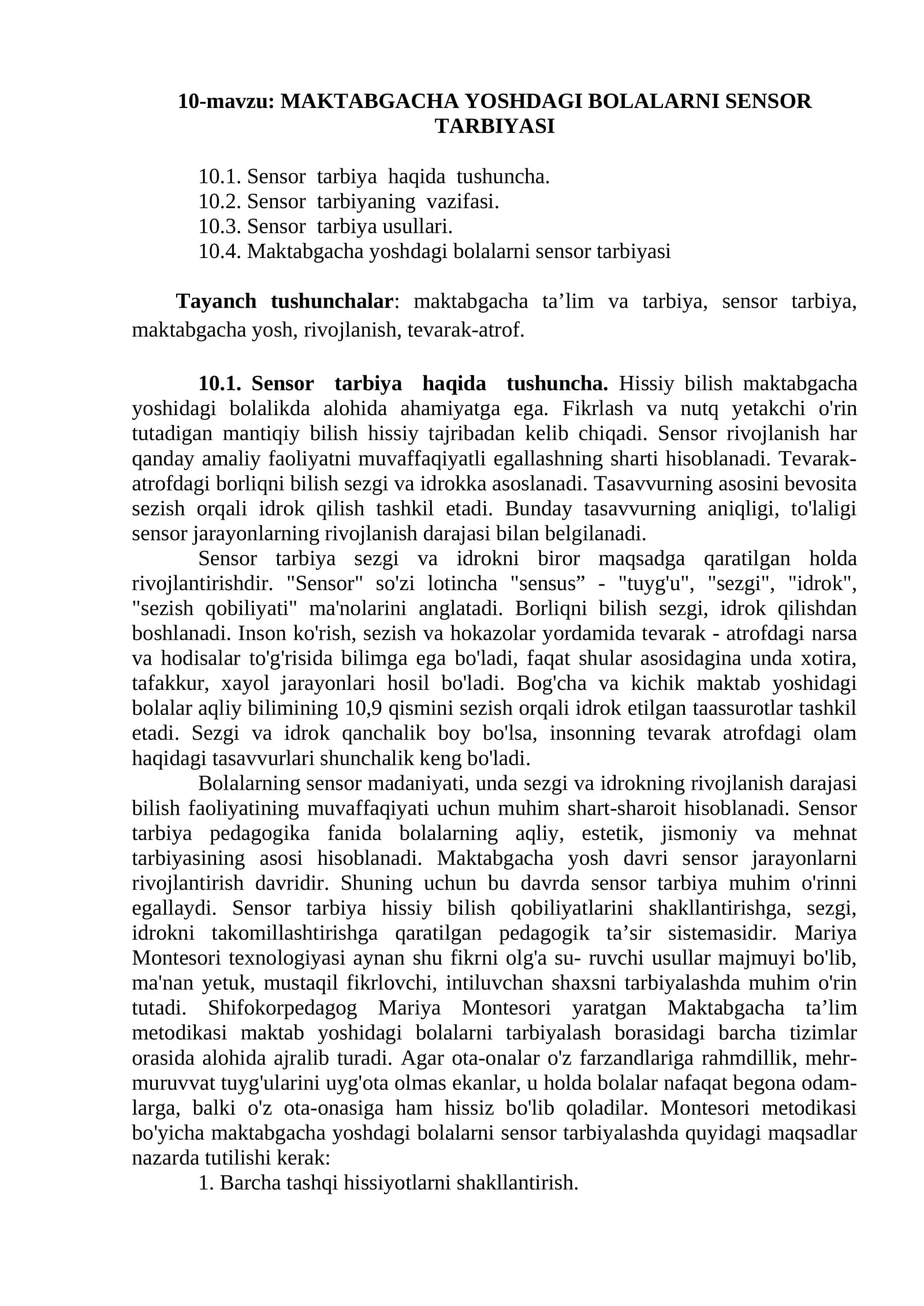 MAKTABGACHA YOSHDAGI BOLALARNI SENSOR TARBIYASI