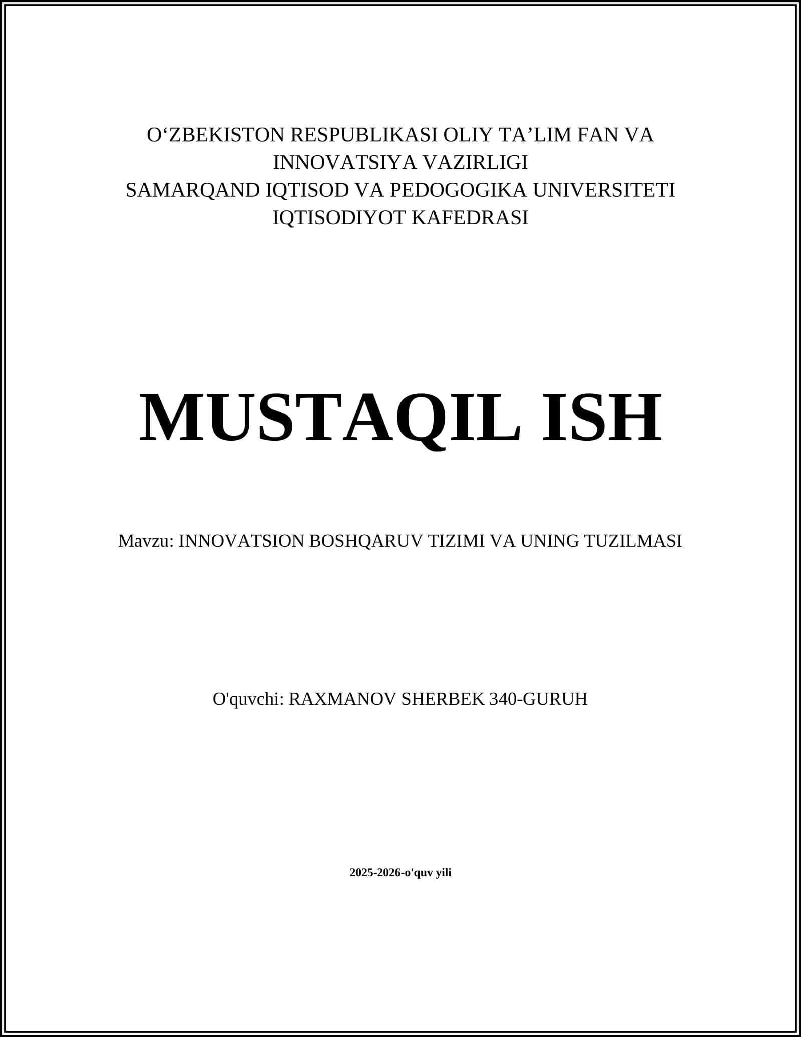INNOVATSION BOSHQARUV TIZIMI VA UNING TUZILMASI