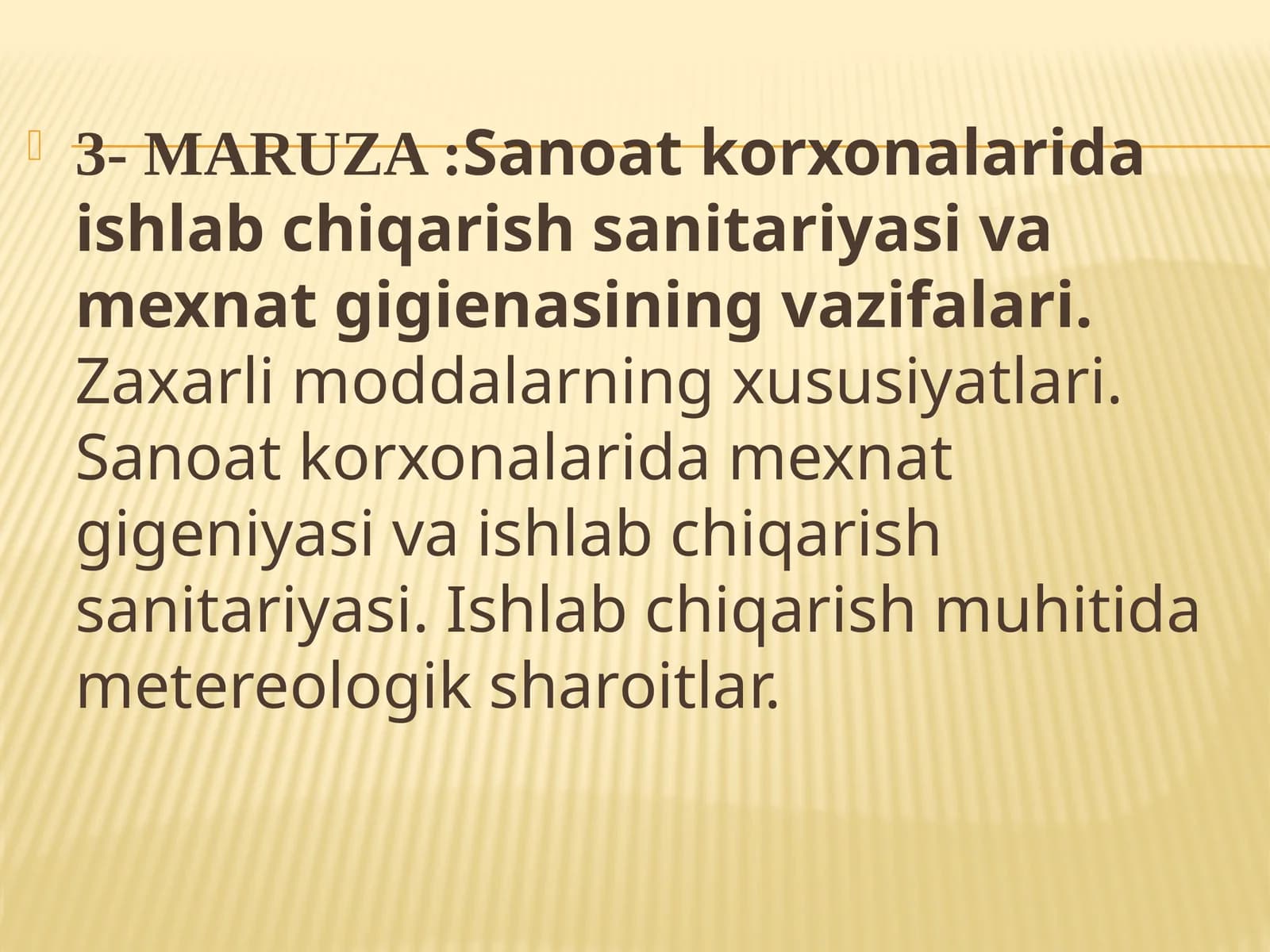 Sanoatkorxonalarida ishlab chiqarish sanitariyasi va mexnat gigienasining vazifalari. Zaxarli moddalarning xususiyatlari. Sanoat korxonalarida mexnat gigeniyasi va ishlab chiqarish sanitariyasi. Ishlab chiqarish muhitida metereologik sharoitlar