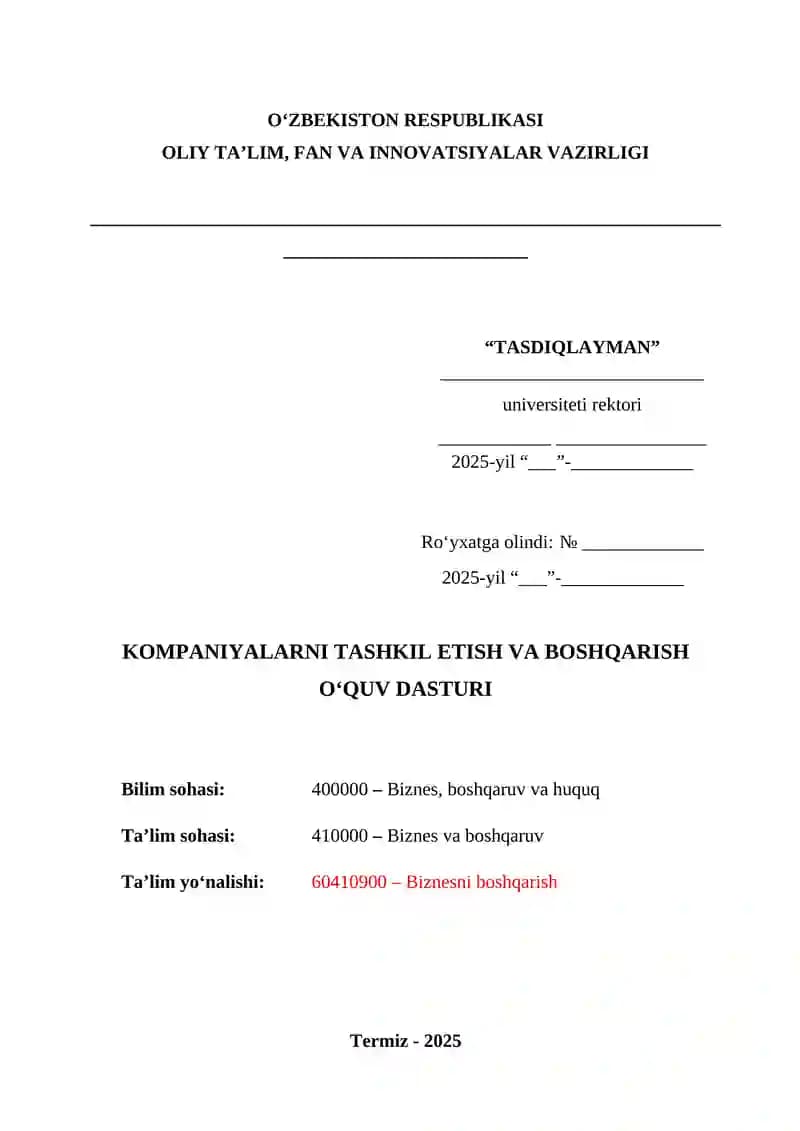 Kompaniyalarni tashkil etish va boshqarish O‘quv Dasturi QS Top - 300 reytingdagi