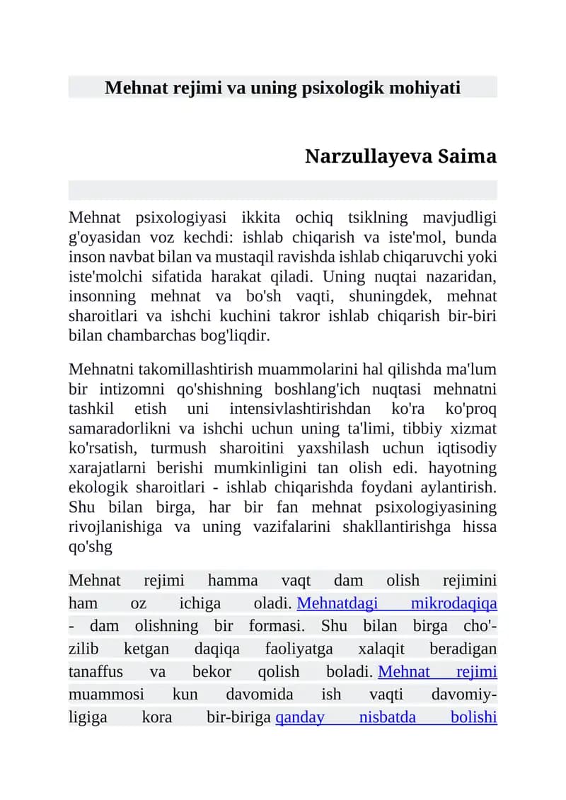 Mehnat rejimi va uning psixologik mohiyati