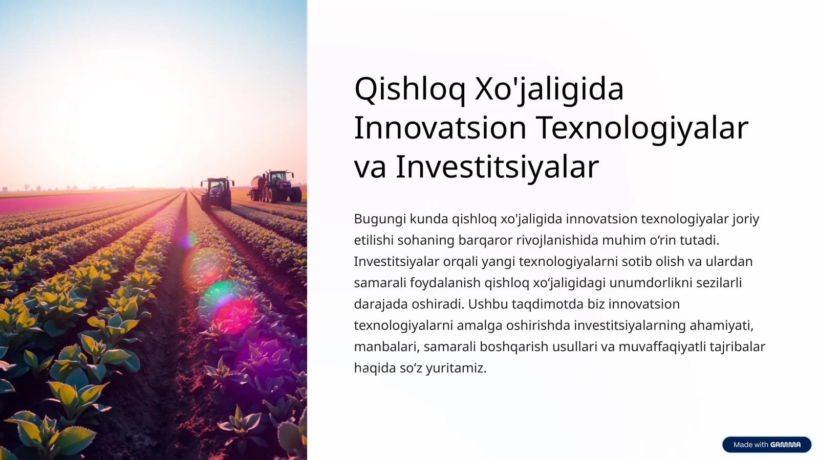 Qishloq Xo'jaligida Innovatsion Texnologiyalar va Investitsiyalar