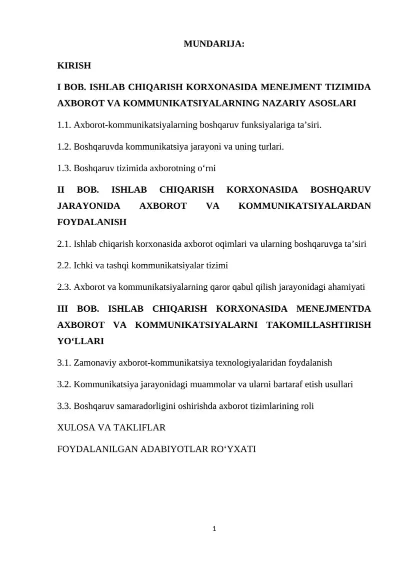 ISHLAB CHIQARISH KORXONASIDA MENEJMENT TIZIMIDA AXBOROT VA KOMMUNIKATSIYALARNING NAZARIY ASOSLARI