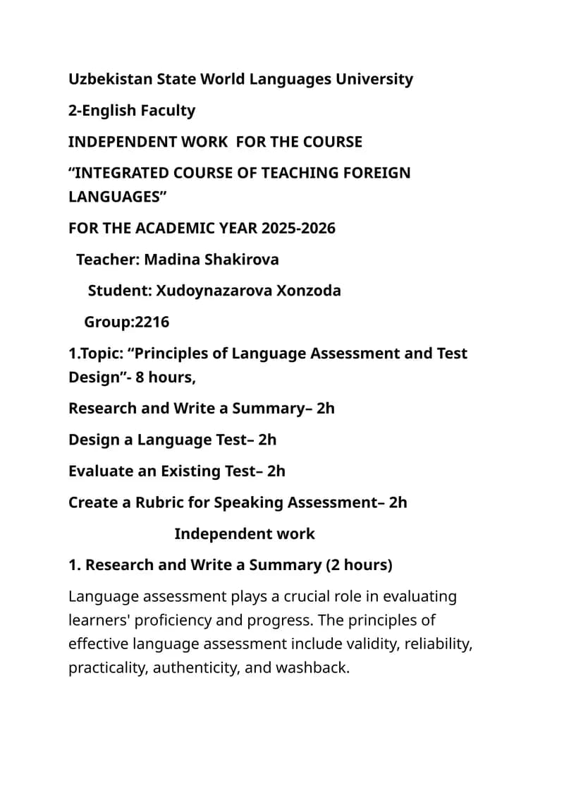Principles of Language Assessment and Test Design