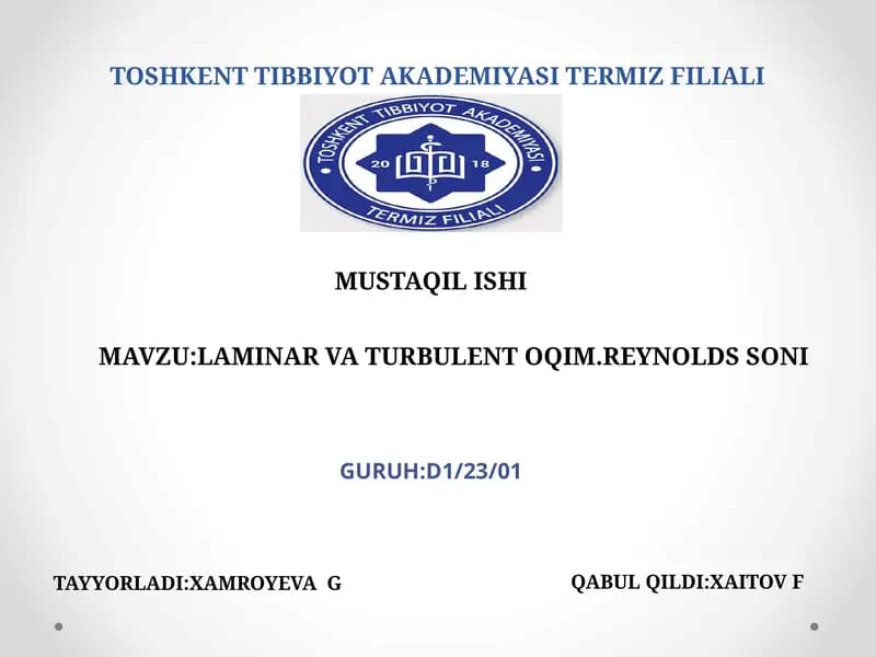 Laminar va turbulent oqim. Reynolds soni
