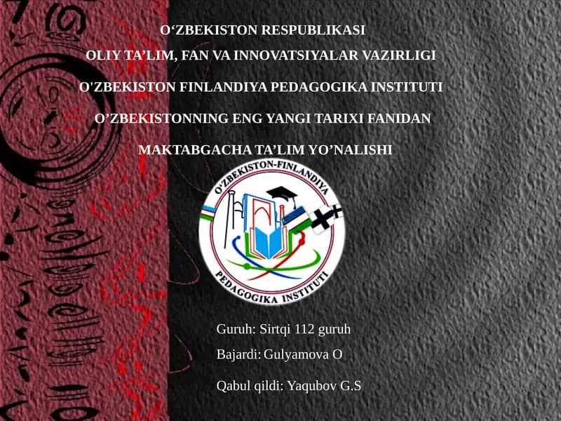 O'ZBEKISTONNING ENG YANGI TARIXI FANIDAN