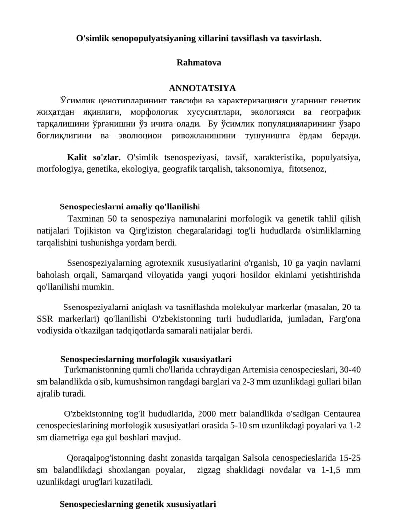 O'simlik senopopulyatsiyaning xillarini tavsiflash va tasvirlash