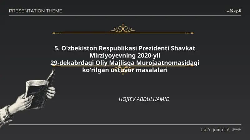 O'zbekiston Respublikasi Prezidenti Shavkat Mirziyoyevning 2020-yil29-dekabrdagi Oliy Majlisga Murojaatnomasidagi ko'rilgan ustuvor masalalari