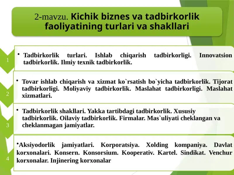 Tadbirkorlik turlari va subyektlari