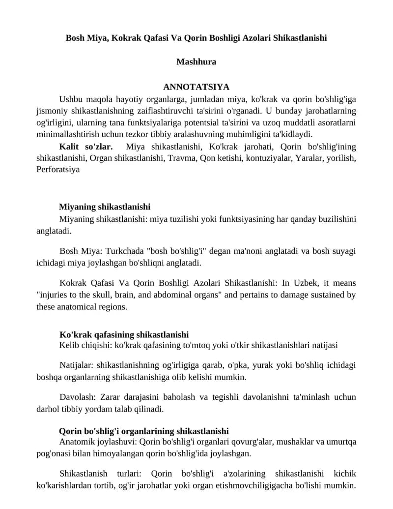 Bosh Miya, Kokrak Qafasi Va Qorin Boshligi Azolari Shikastlanishi