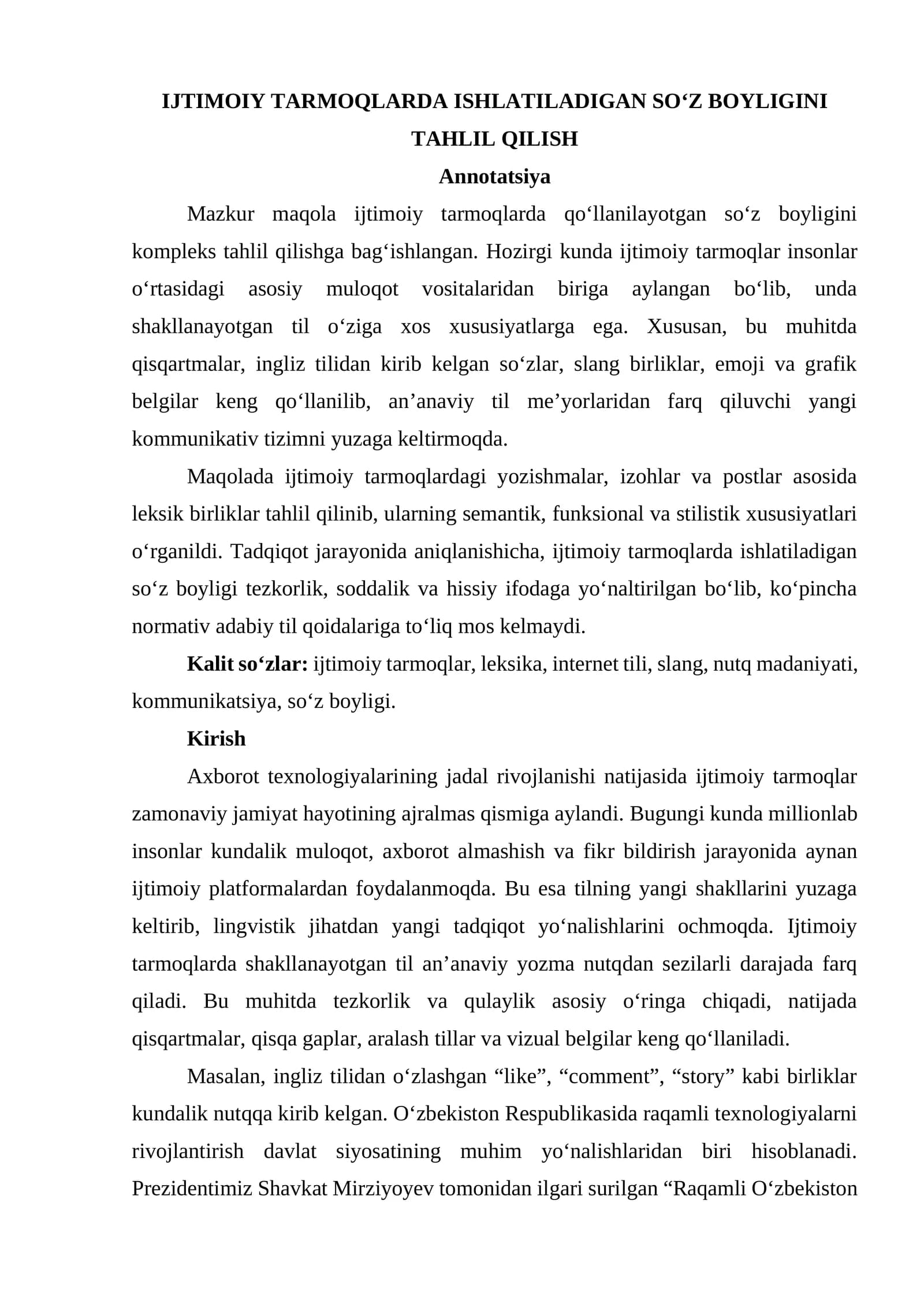 IJTIMOIY TARMOQLARDA ISHLATILADIGAN SO‘Z BOYLIGINI TAHLIL QILISH