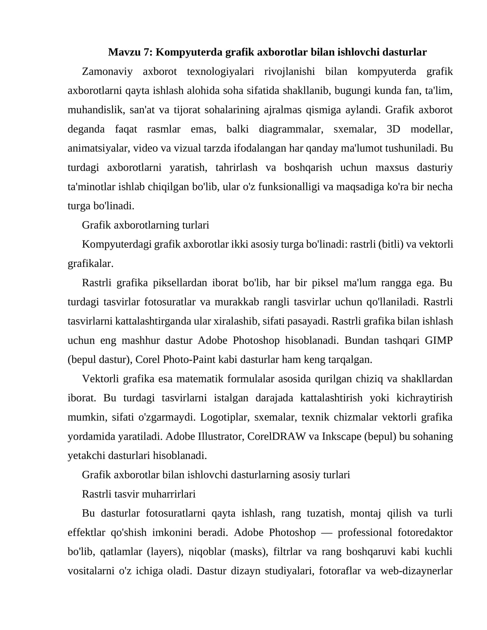 Kompyuterdagi grafik axborotlar bilan ishlovchi dasturlar