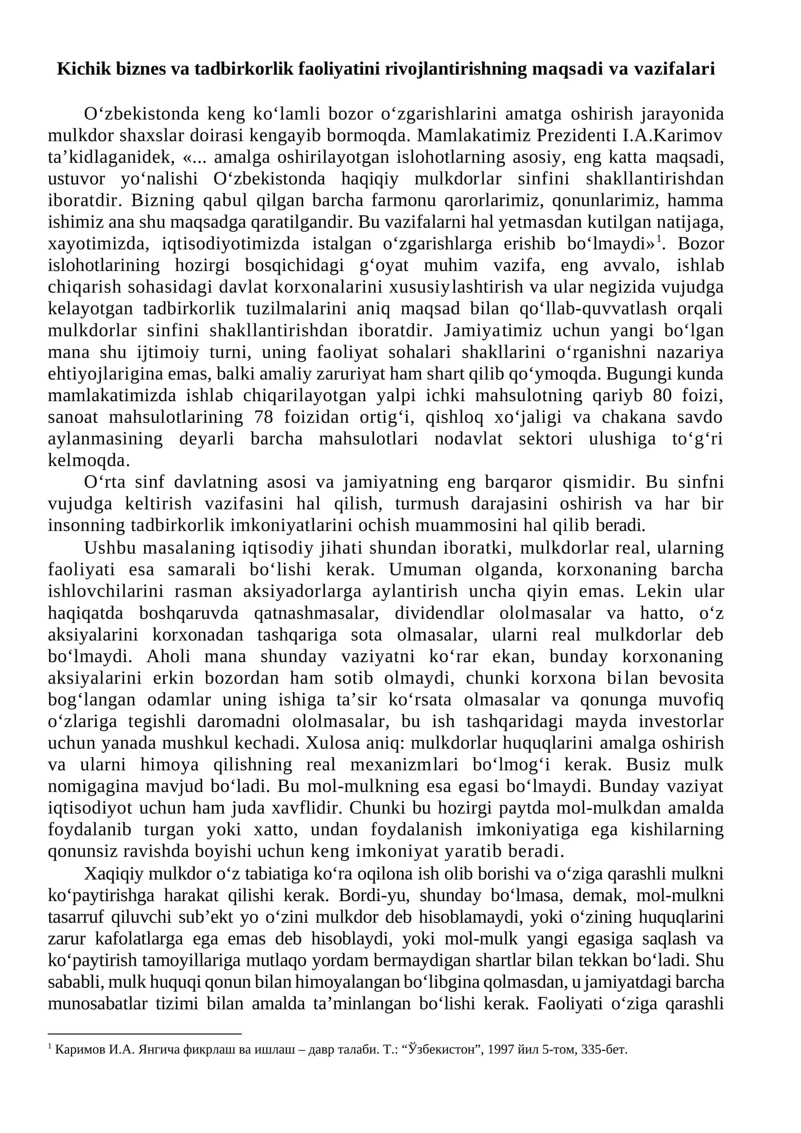 Kichik biznes va tadbirkorlik faoliyatini rivojlantirishning maqsadi va vazifalari