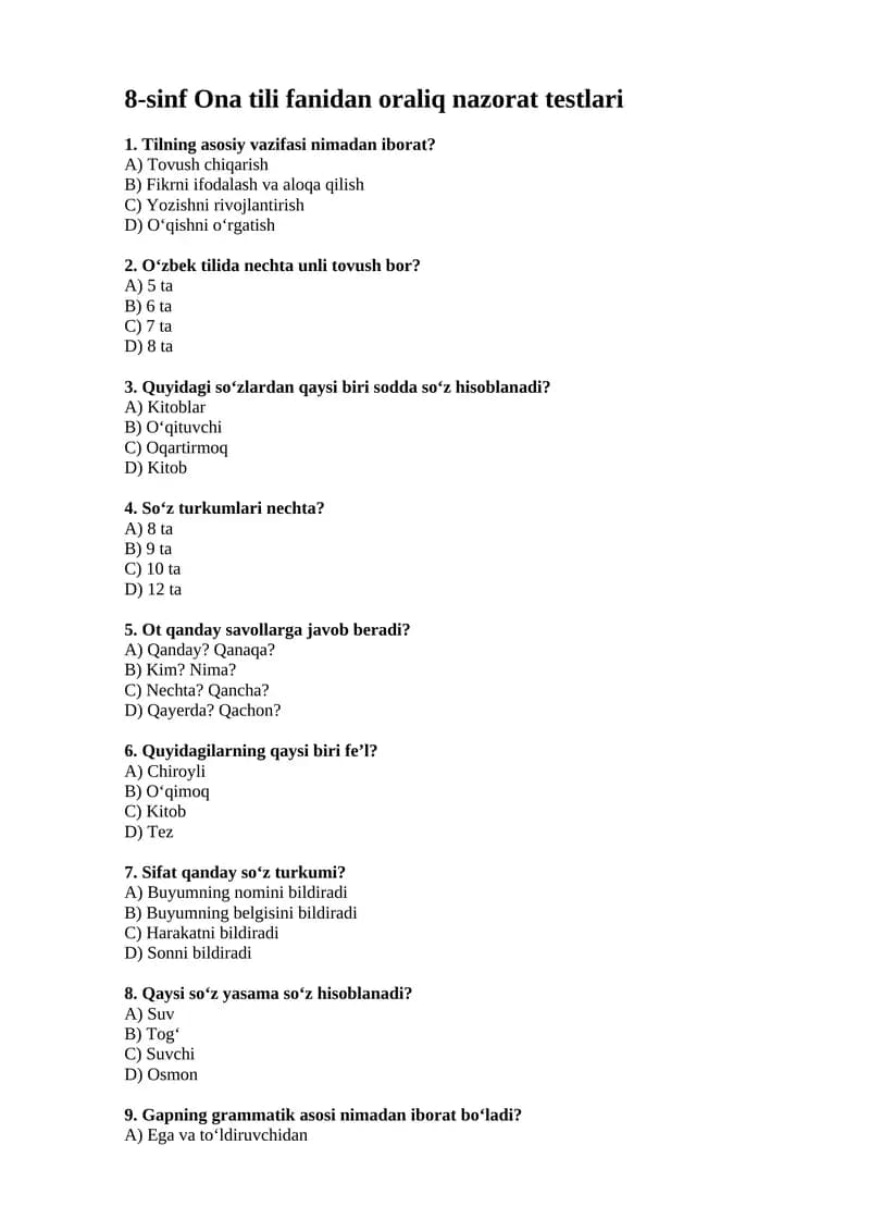 8-sinf Ona tili fanidan oraliq nazorat testlari