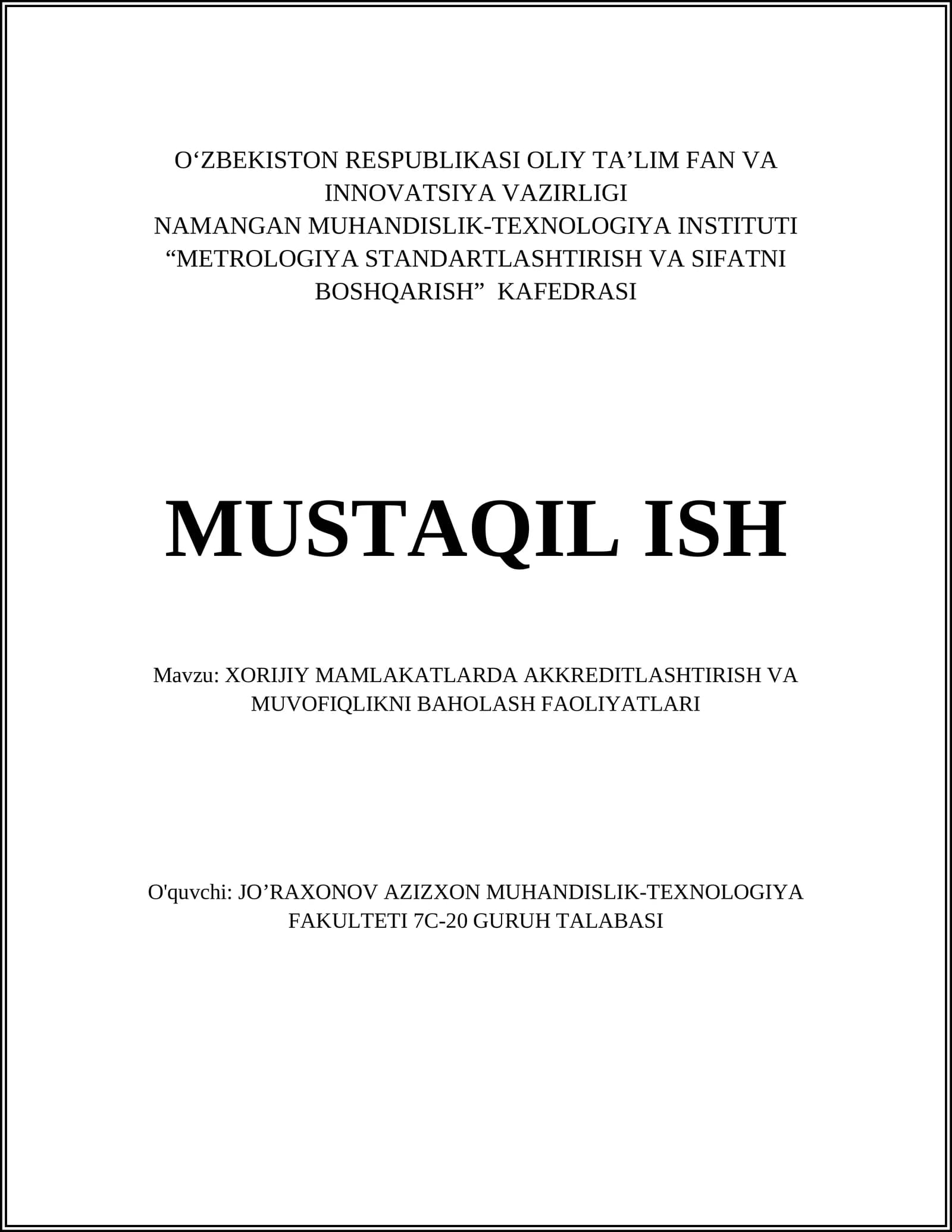 XORIJIY MAMLAKATLARDA AKKREDITLASHTIRISH VA MUVOFIQLIKNI BAHOLASH FAOLIYATLARI
